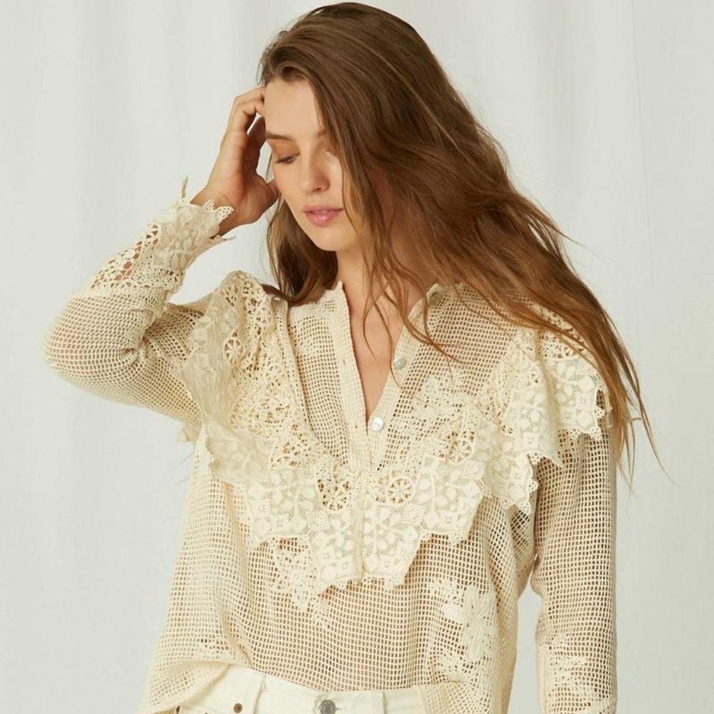 🌼Jen's Pirate Booty, Seaside  Net-Mesh Lace Blouse Size L - Picture 10 of 10